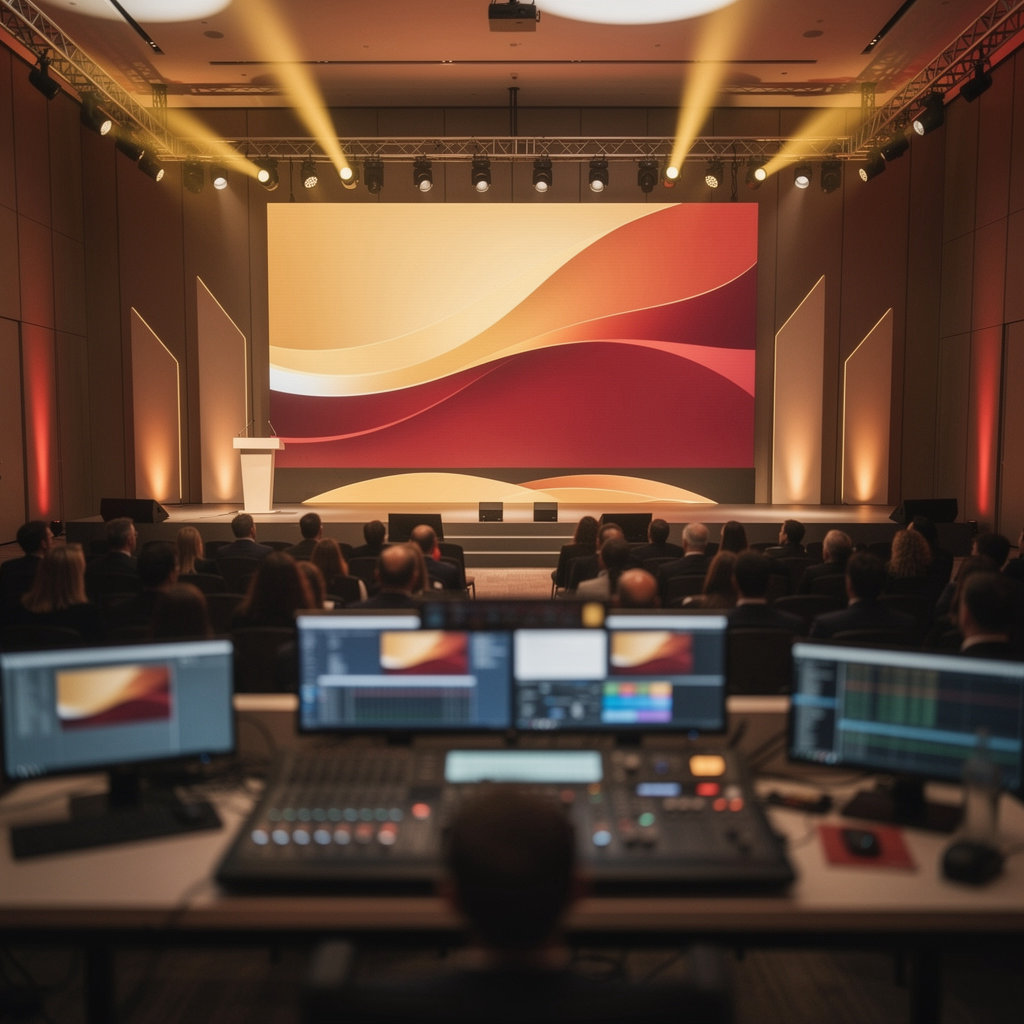 Madar Edge professional event production setup with LED screens and stage lighting